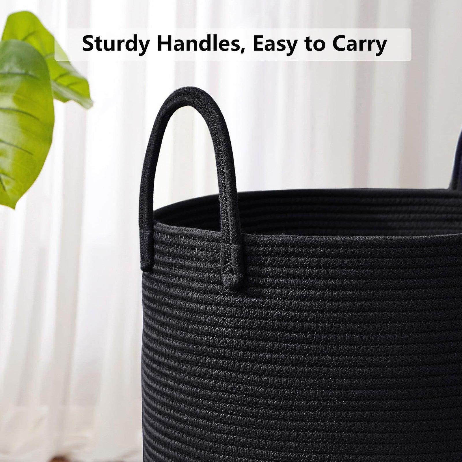 MOJOSCEND black woven rope laundry hamper basket for clothes, tall modern design with sturdy construction and stylish look