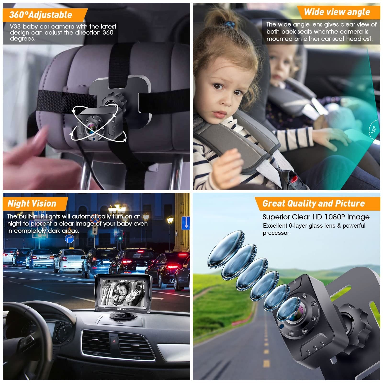 DoHonest Baby Car Camera HD 1080P rear-facing monitor with night vision for car safety and baby monitoring inside vehicle