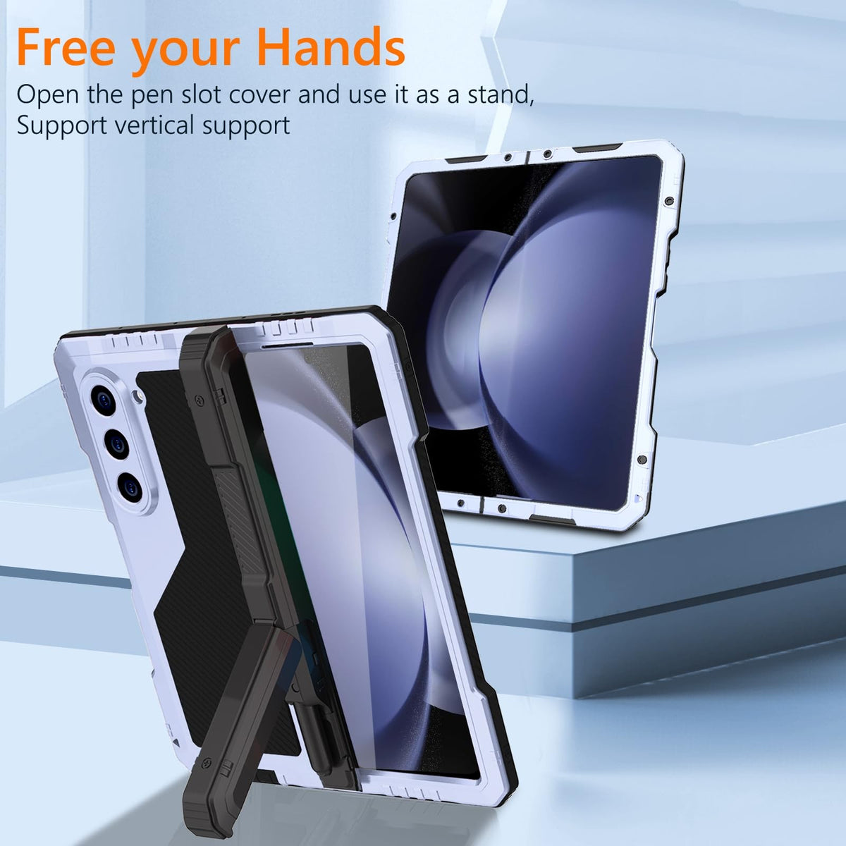 Slim Yqodsz metal case for Z Fold 5 with built-in S Pen holder and screen protector, protecting and stylishly covering the phone.