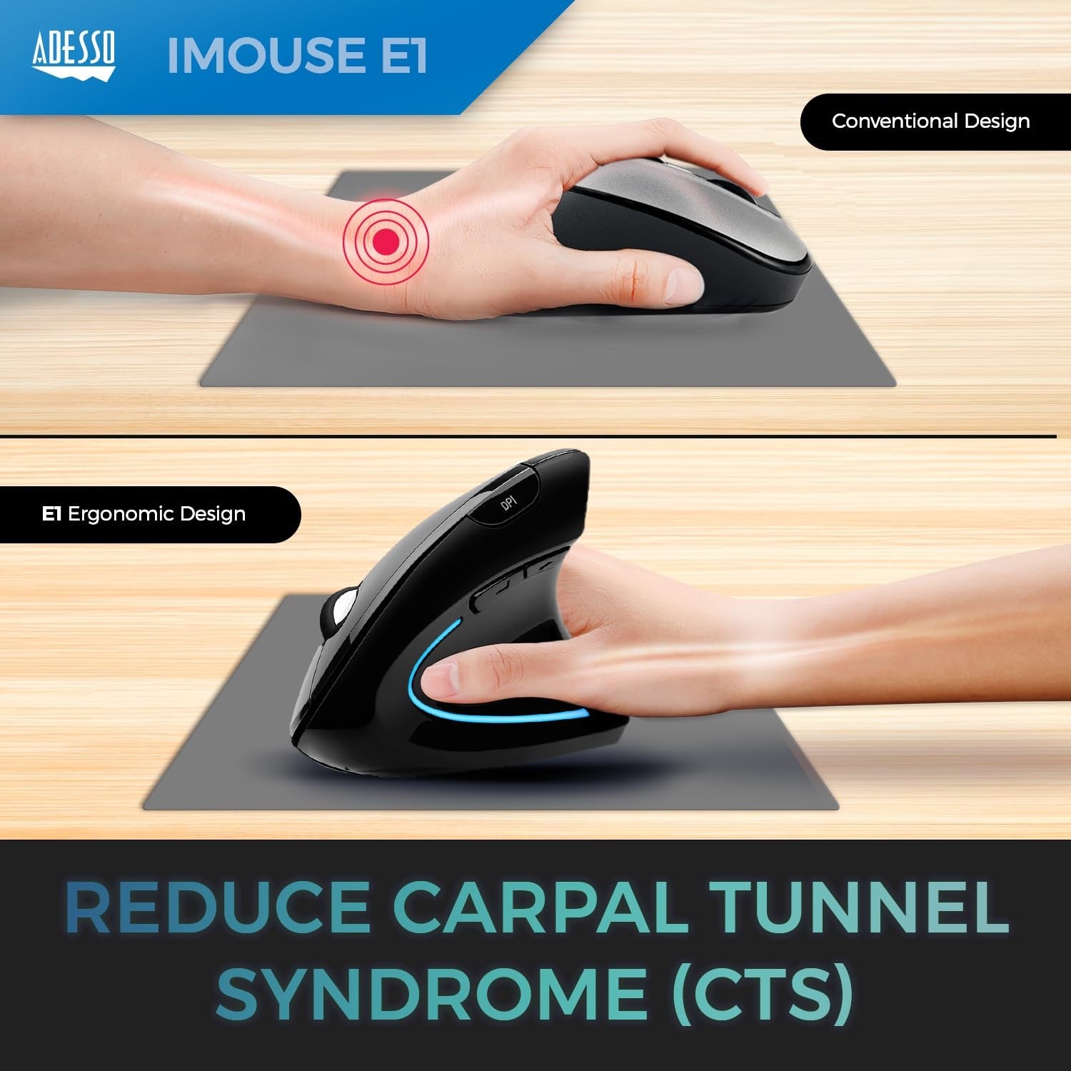 Adesso wired vertical ergonomic optical USB mouse with six buttons and illuminated design, right-handed use.