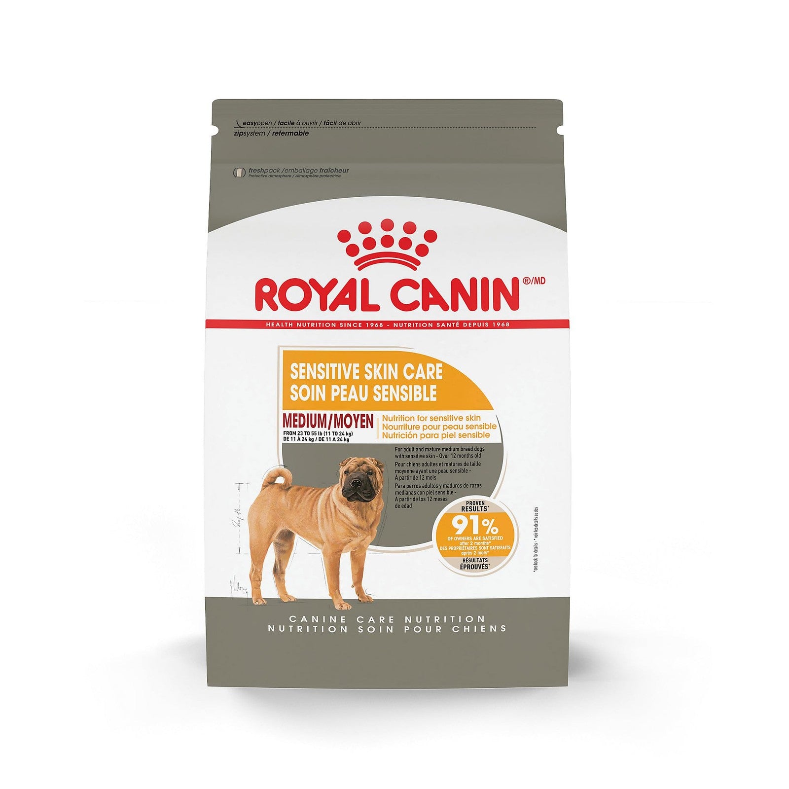 Royal Canin Canine Care Nutrition medium adult dry dog food for sensitive skin, showing the kibble in a bowl.