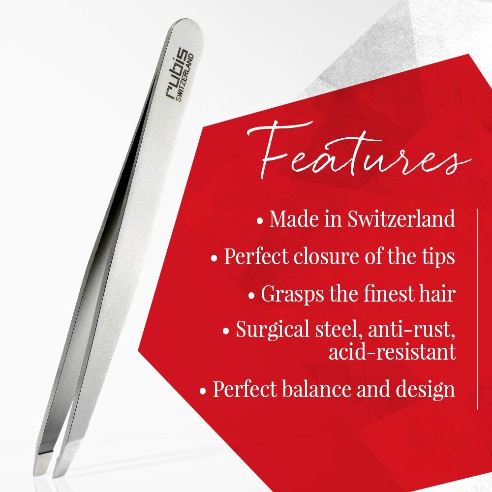 Rubis Switzerland silver slanted tip tweezer with ergonomic design for precise hair and eyebrow plucking.