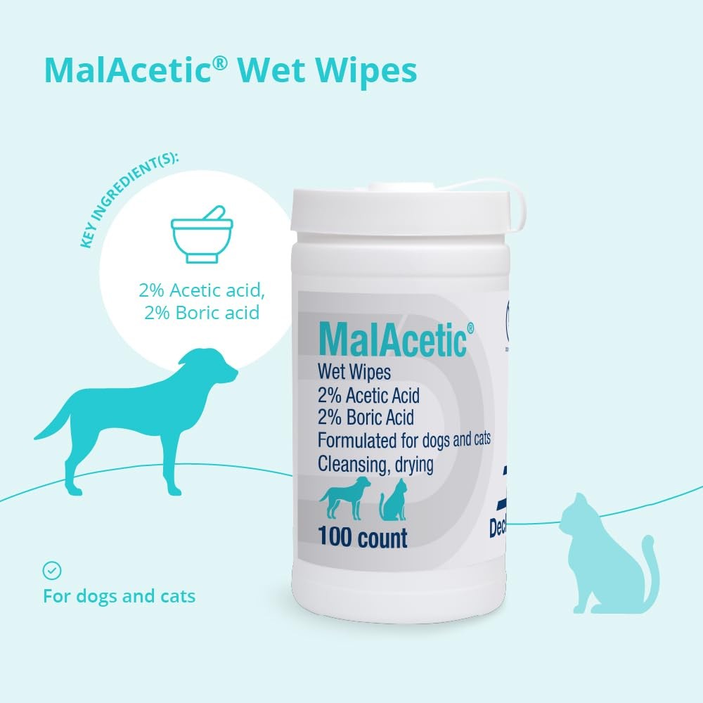 MalAcetic medicated wet wipes for dogs and cats, 100-count pack, used for soothing and cleaning pet skin.