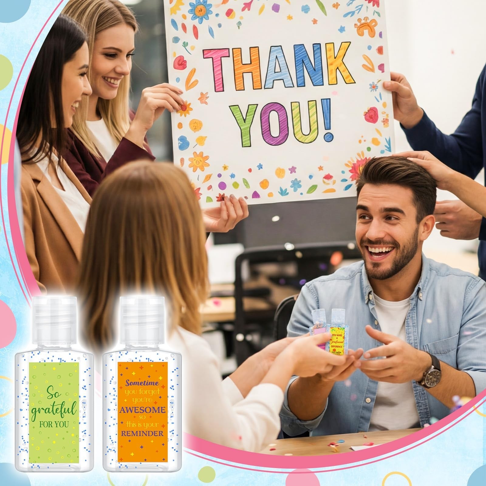 Set of 48 Frienda thank you mini hand sanitizers in 1oz travel size bottles for employee appreciation and bulk gifting.