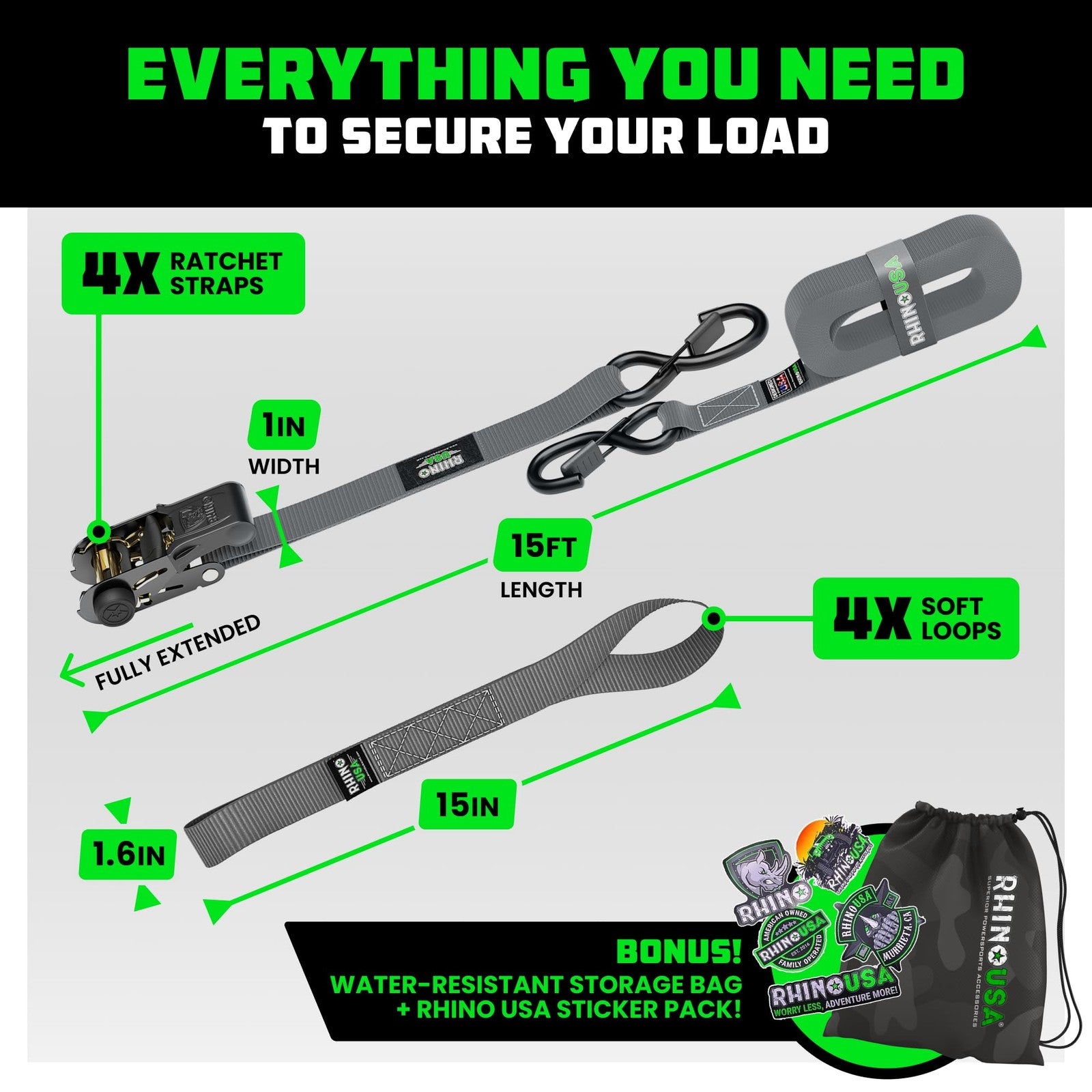 Rhino USA ratchet straps tie downs 4-pack with 1 inch x 15 feet length and 1823 lb break strength, shown in use securing cargo.