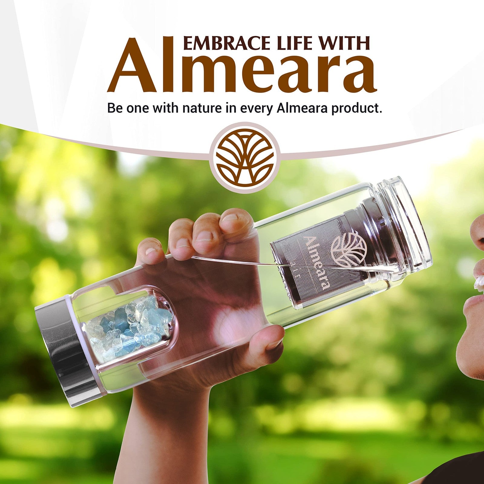 Almeara crystal water bottle with aquamarine and clear quartz, lead-free and BPA-free, featuring a sleek, transparent design.