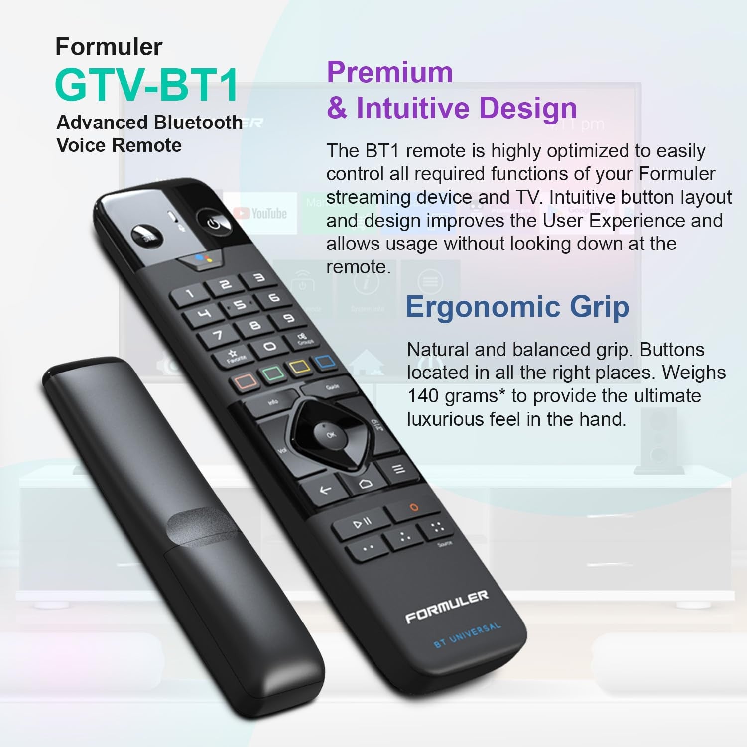 Formuler BT1 remote control for Z7+, Z8, Z10, Z11, Z Alpha, CC models showing buttons and sleek design