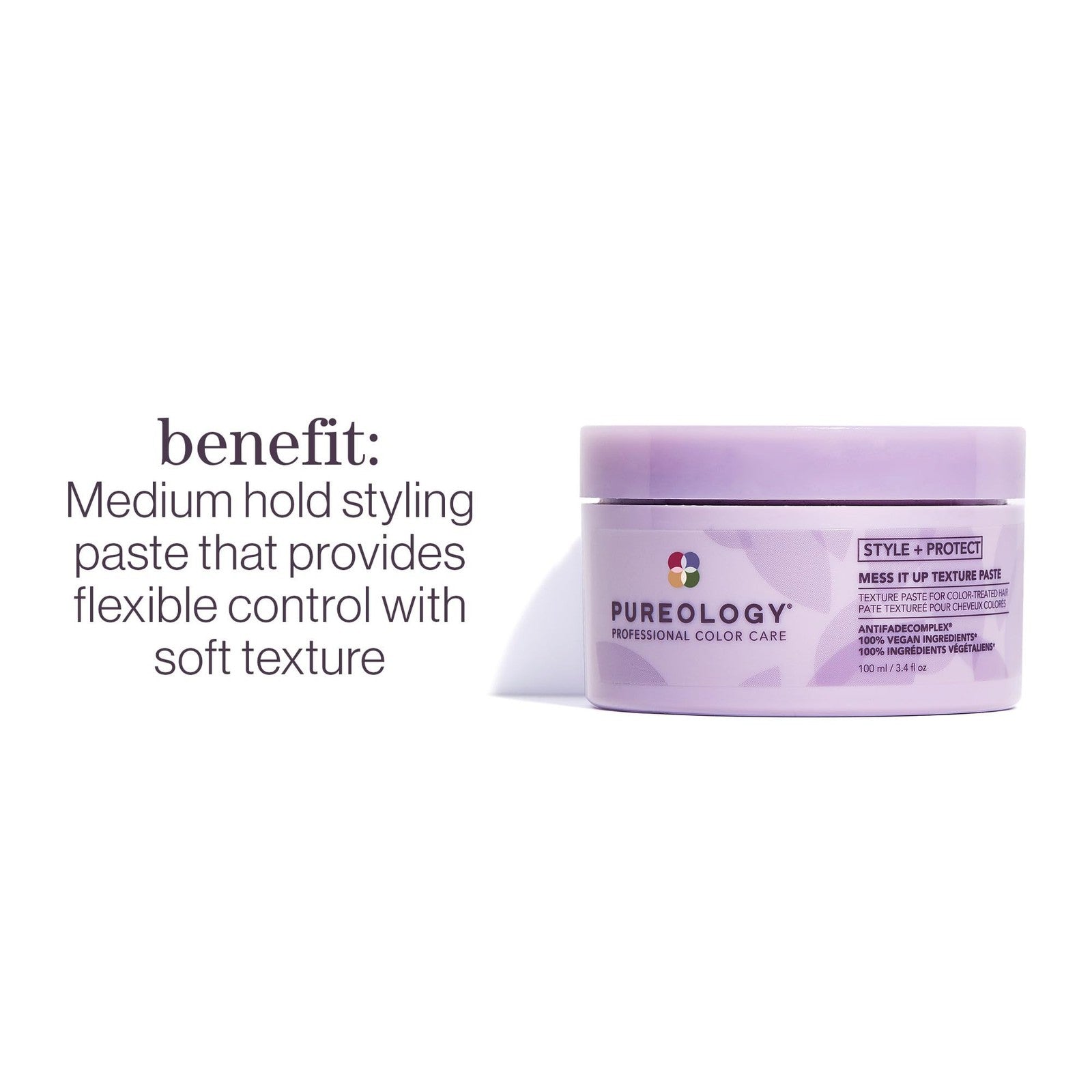 Pureology Style + Protect Mess It Up texture paste for color-treated hair, shown in a jar with product applied on hair.
