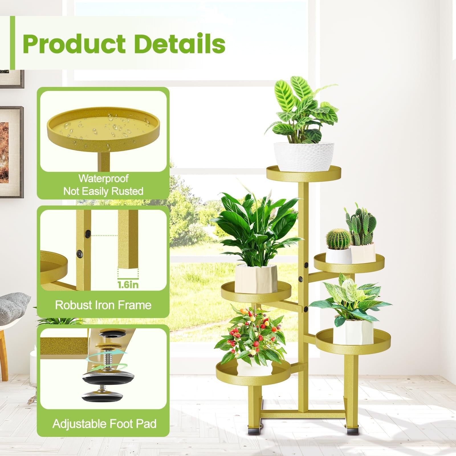 JSYONII 5-tier gold metal plant stand for indoor and outdoor use, corner tiered plant shelf with multiple levels for displaying plants