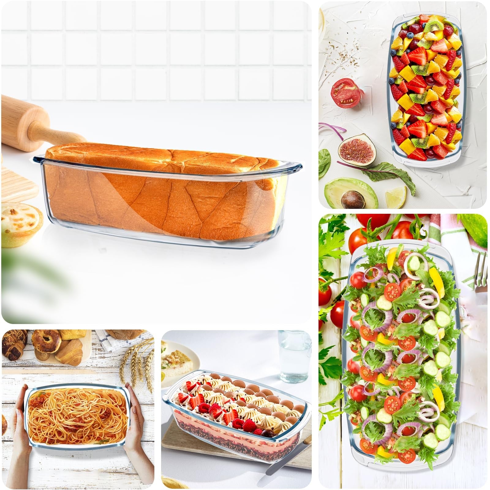 BAKEWAY glass loaf pan with lid, 1.9 Qt, ideal for baking bread, featuring clear glass and a sturdy design for oven use