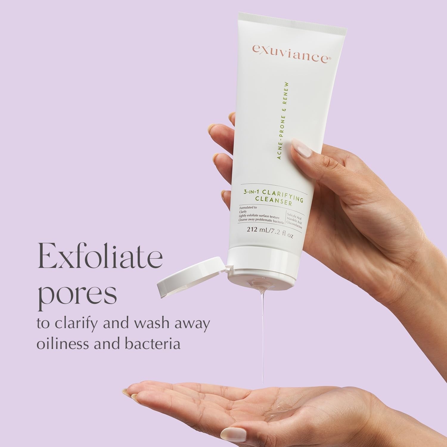 EXUVIANCE 3-in-1 Clarifying Anti-Aging Cleanser for acne-prone skin with salicylic acid, showing the bottle and product label.