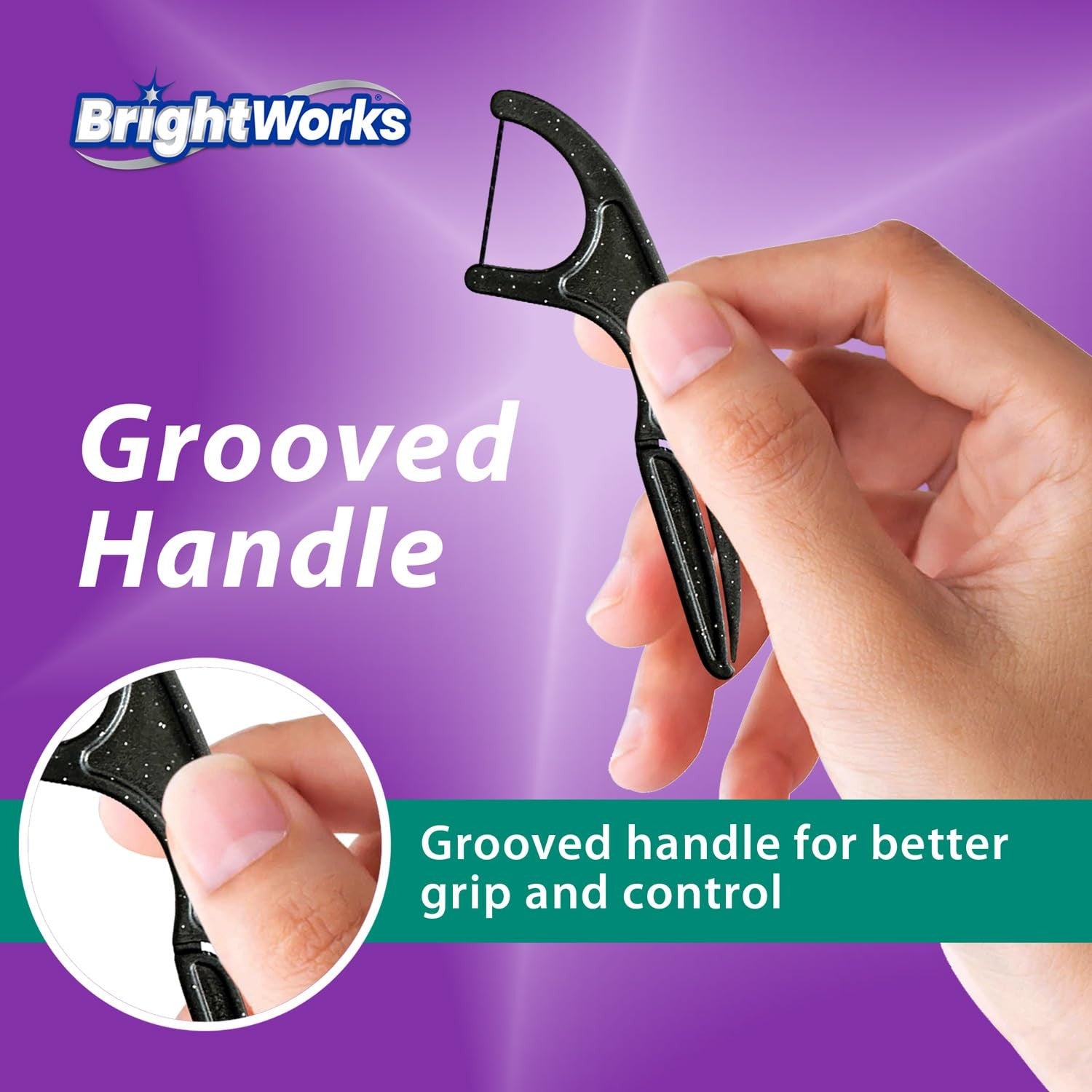 BrightWorks ECO sustainable floss picks, PFAS-free, 225-count, made in the USA, shown in a close-up image.