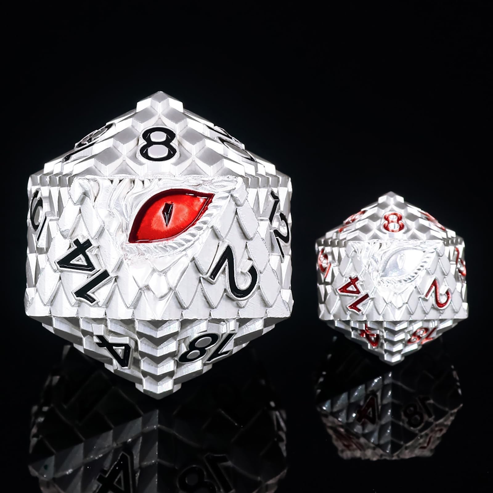 Metal D20 DND dice with dragon scale design, giant polyhedral 20-sided die from Handan in metallic finish with engraved numbers.