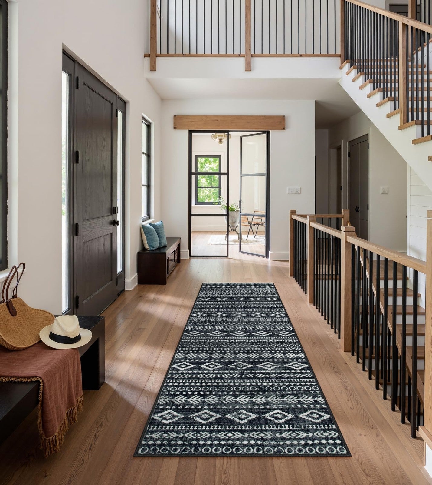 Lahome boho Moroccan hallway runner rug in black and white with washable design, measuring 2.5x8 feet, suitable for hallways.