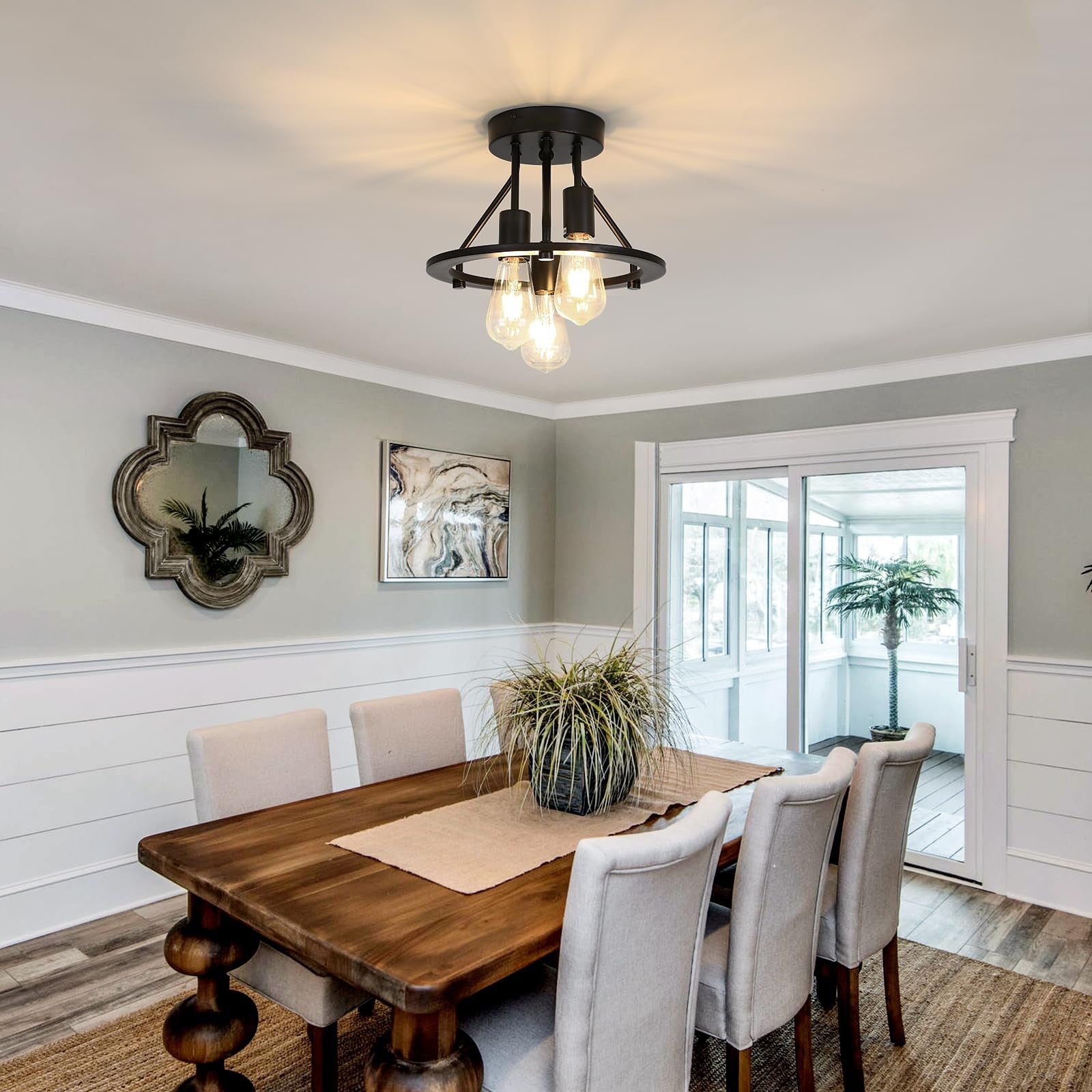 Qgiytp semi-flush mount ceiling light fixture with three matte black lights and modern design for interior lighting.