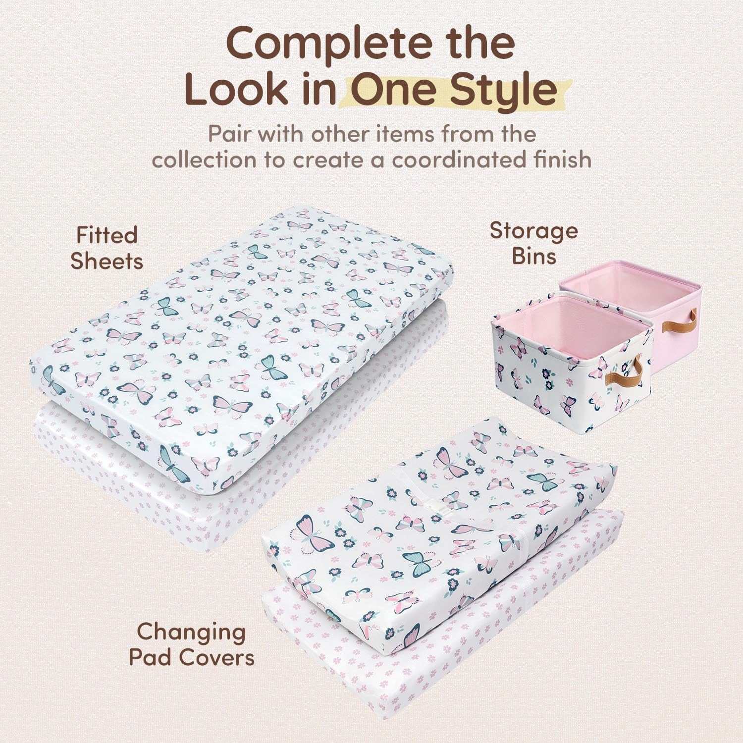 Pink fabric storage bins set with butterfly design, collapsible canvas nursery organizers