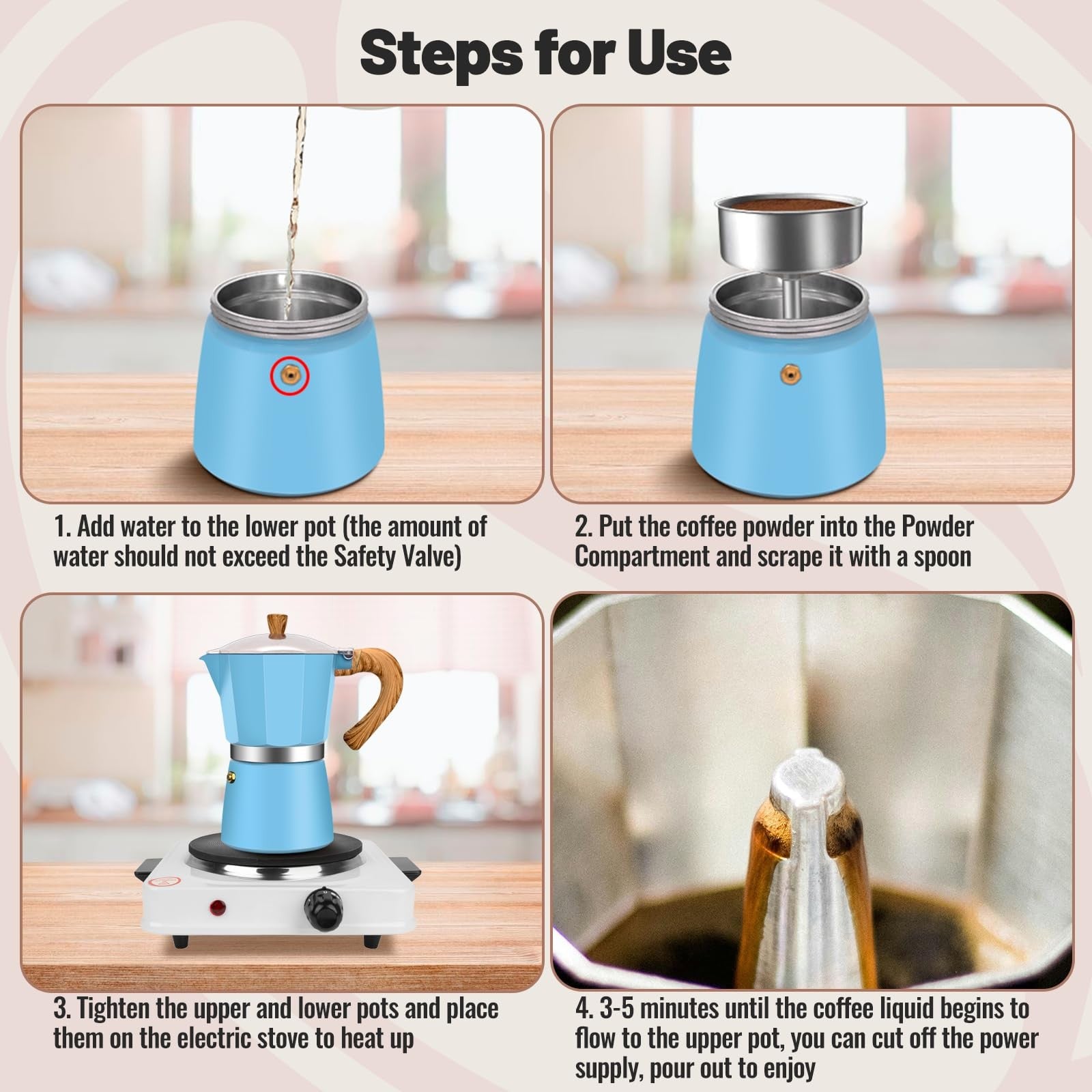 Vaolvpant 12-cup aluminum Moka pot for stovetop espresso brewing, featuring a classic 600ml design with a polished finish.