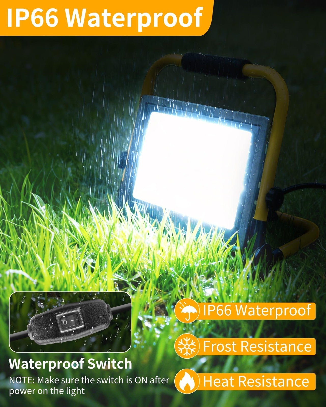 ISUERFY 70W LED work light with 16ft cord, switch, outdoor flood light, 8400 lumens, IP66 waterproof for construction sites