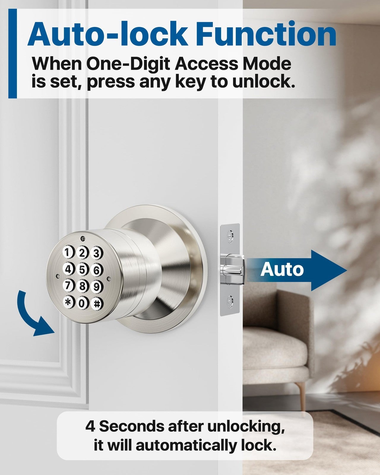 HIDALIFE satin keypad door knob with keyless entry, suitable for bedroom or garage doors, featuring a modern locking mechanism