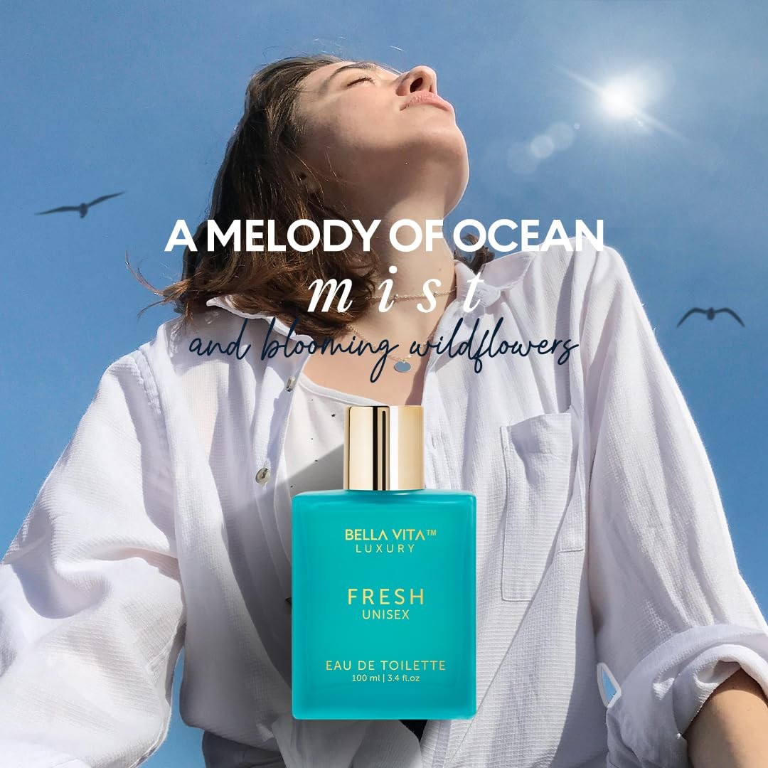 BellaVita Luxury Fresh Unisex EDT 3.4oz bottle with bergamot, lavender, and vanilla scent, showcasing elegant packaging.