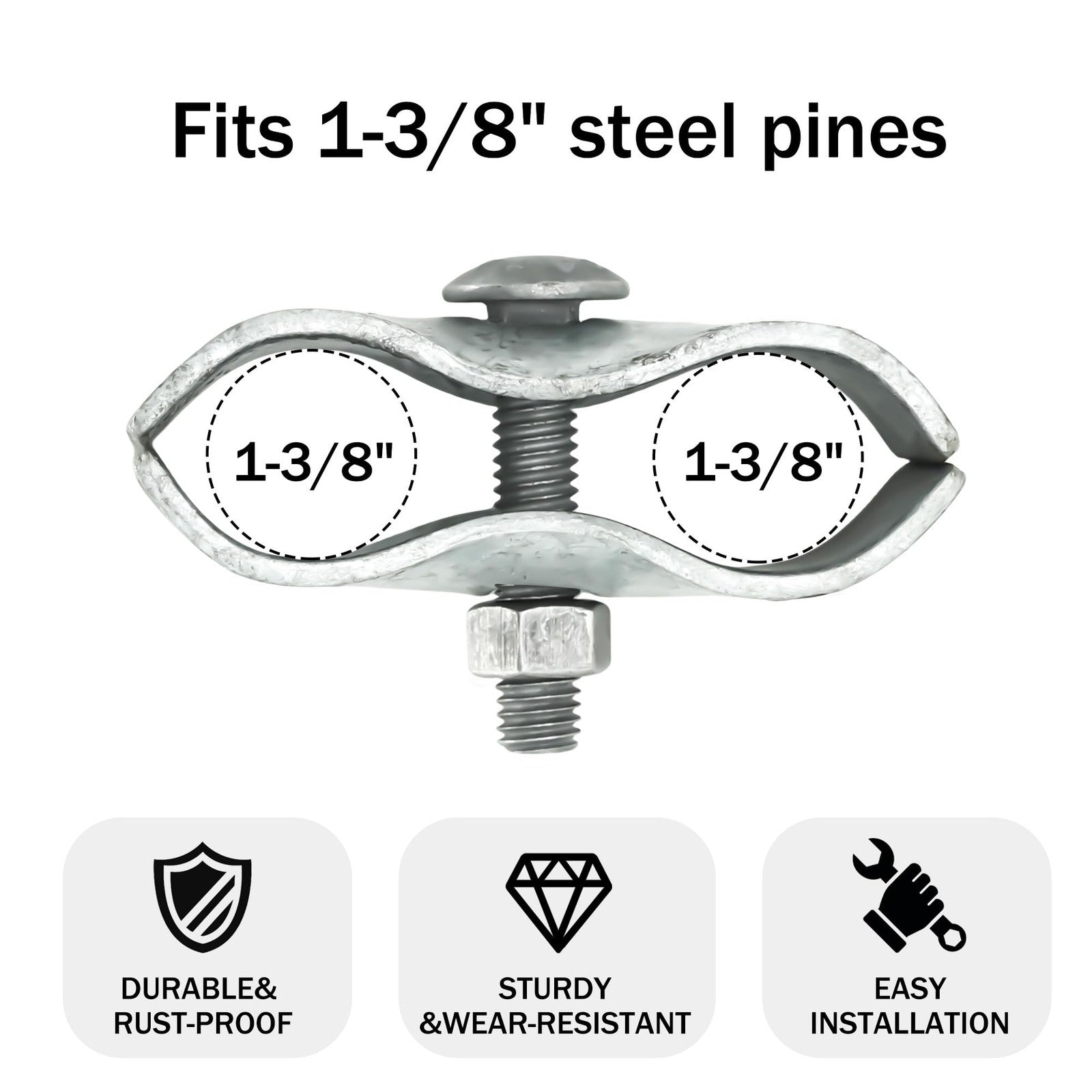 Set of 18 galvanized chain link fence panel clamps for dog kennels, featuring 1-3/8 inch size and sturdy construction.