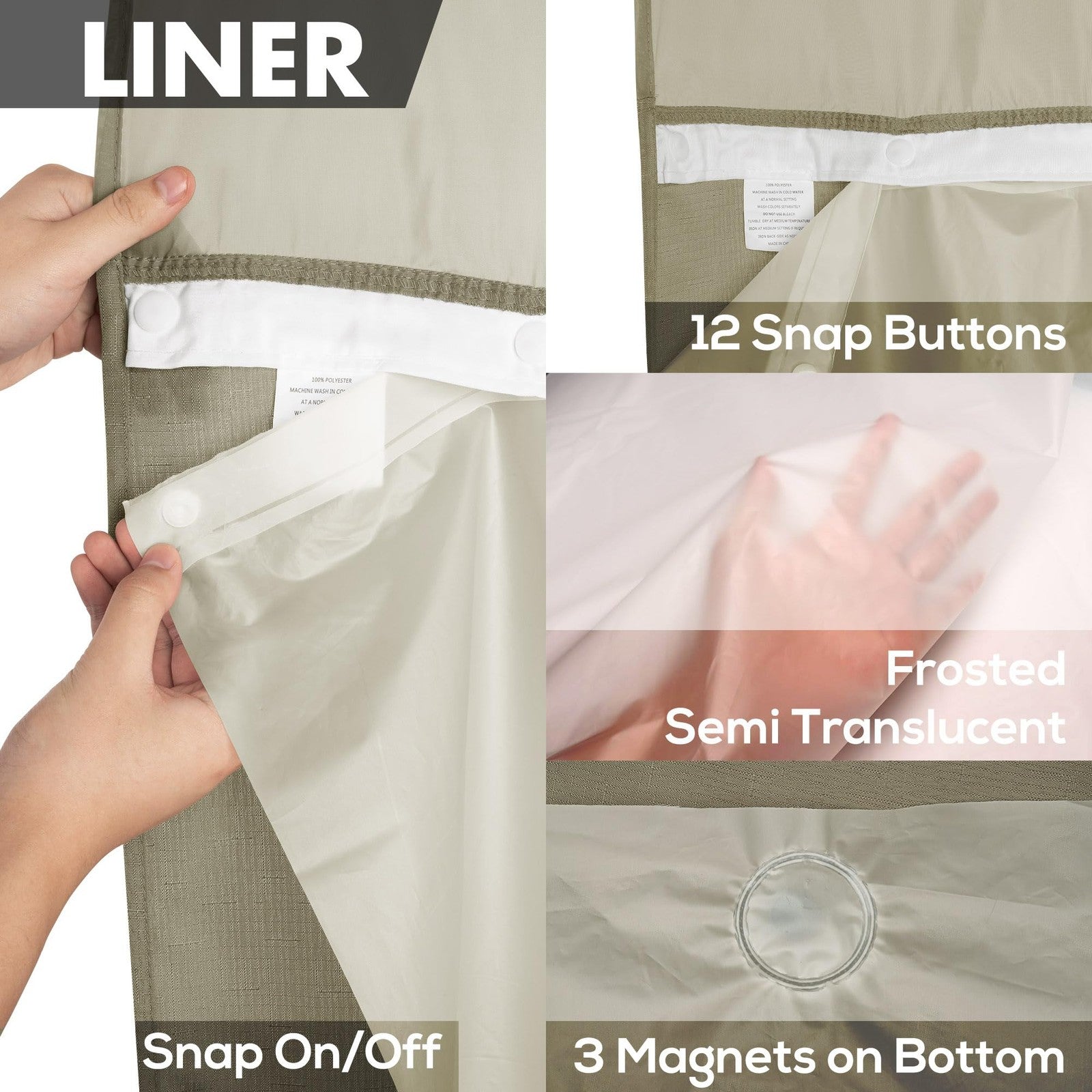 Textured shower curtain with snap-in PEVA liner set, 71 inches long, featuring a river-inspired no-hook design.
