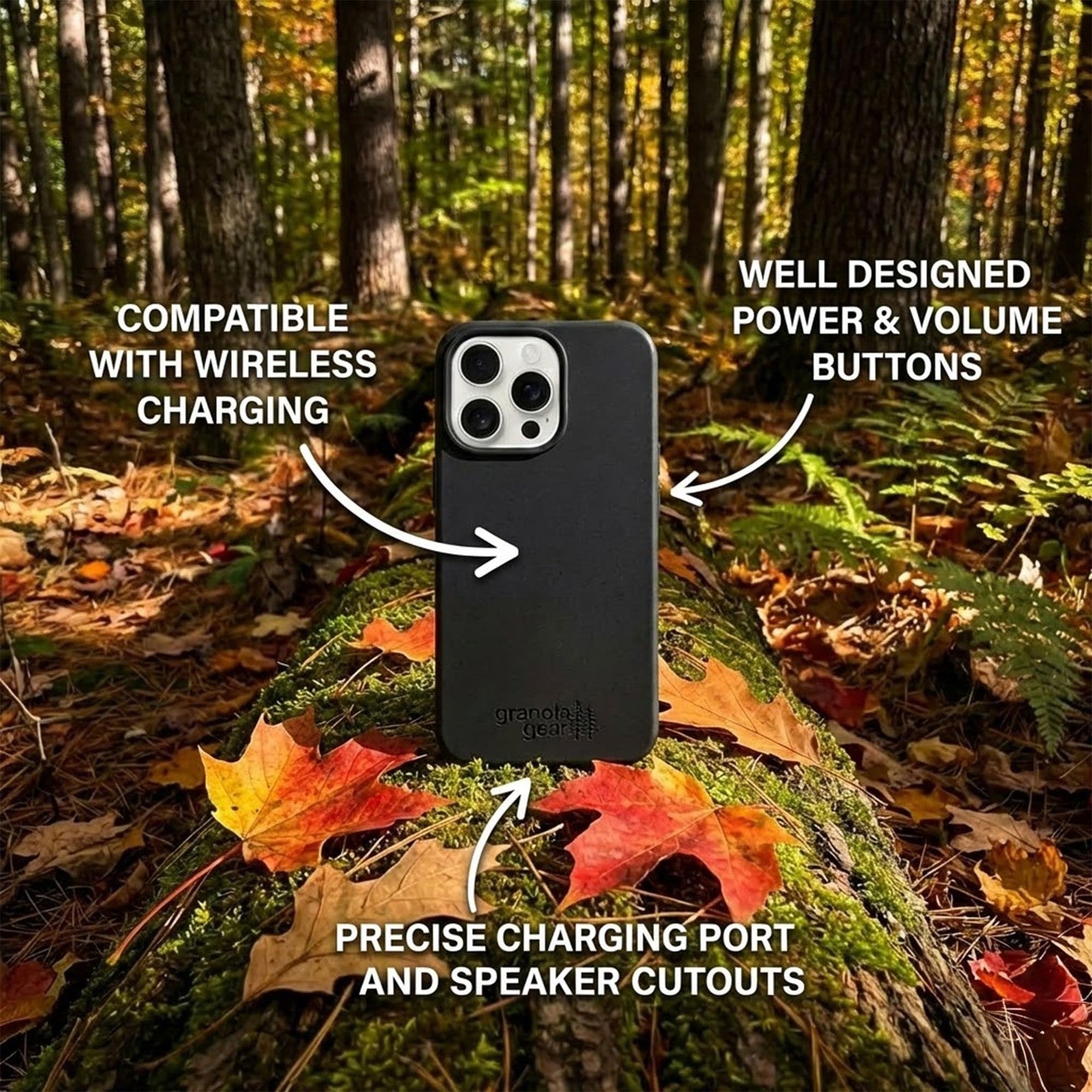Eco by GranolaGear biodegradable phone case for iPhone 16 Pro, shown with textured eco-friendly material and precise camera cutouts.