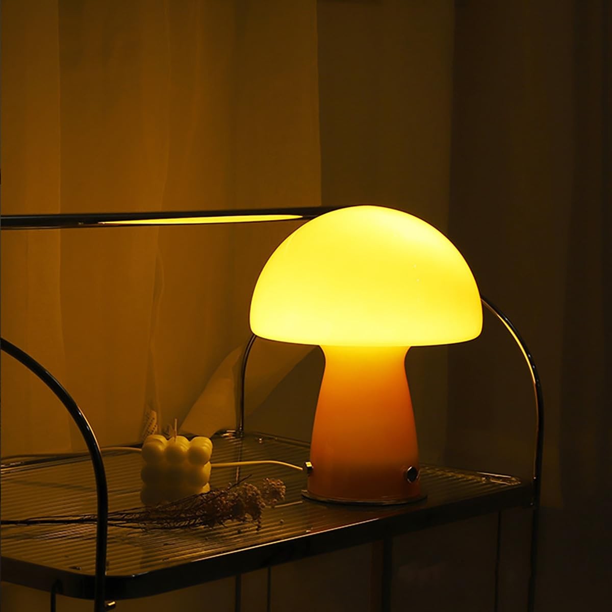 MIXL cute mushroom lamp with glass lampshade, small orange table light emitting warm 3000K glow, decorative home lighting.