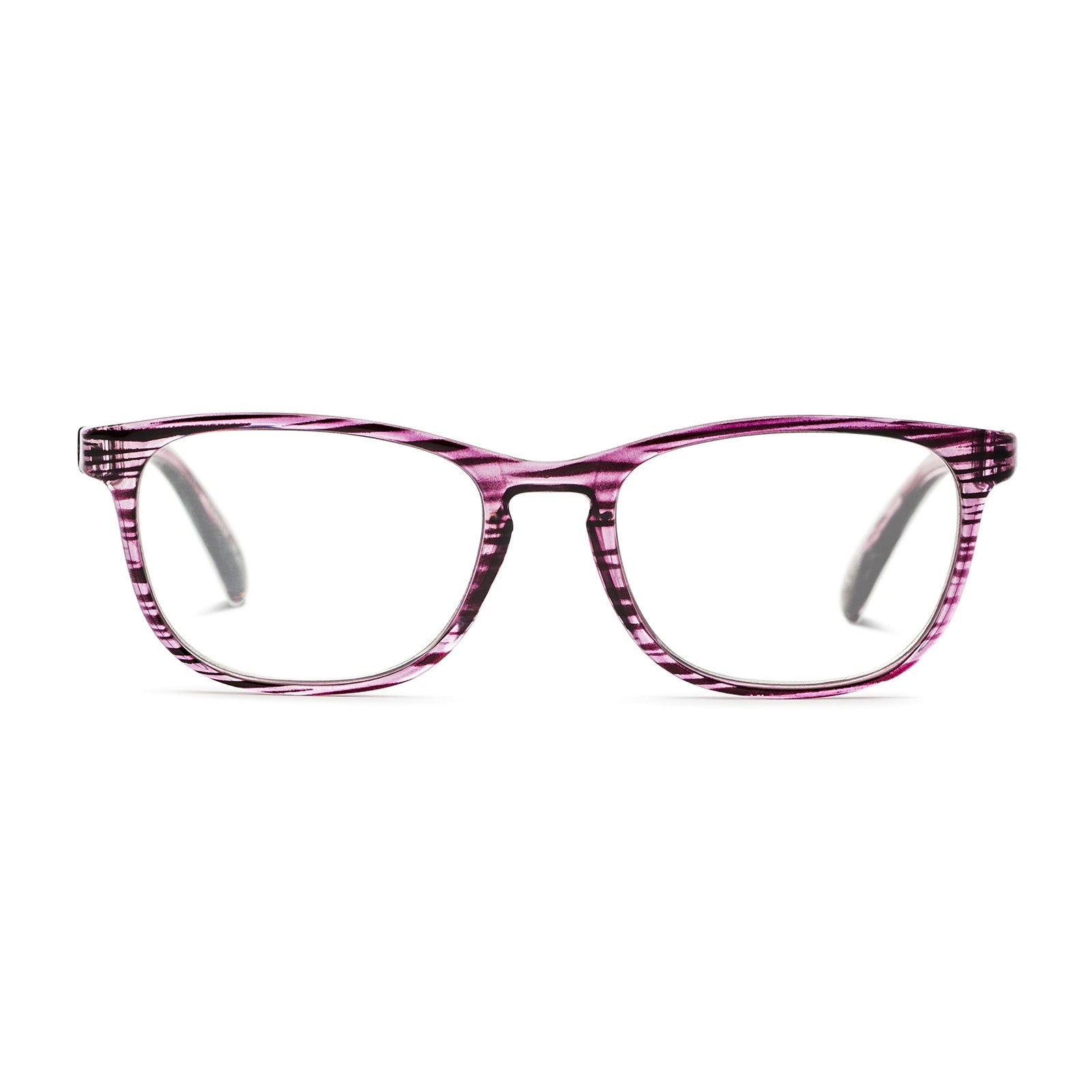 Foster Grant women's Elana Pop of Power bifocal blue light reading glasses with clear frames and blue-tinted lenses.