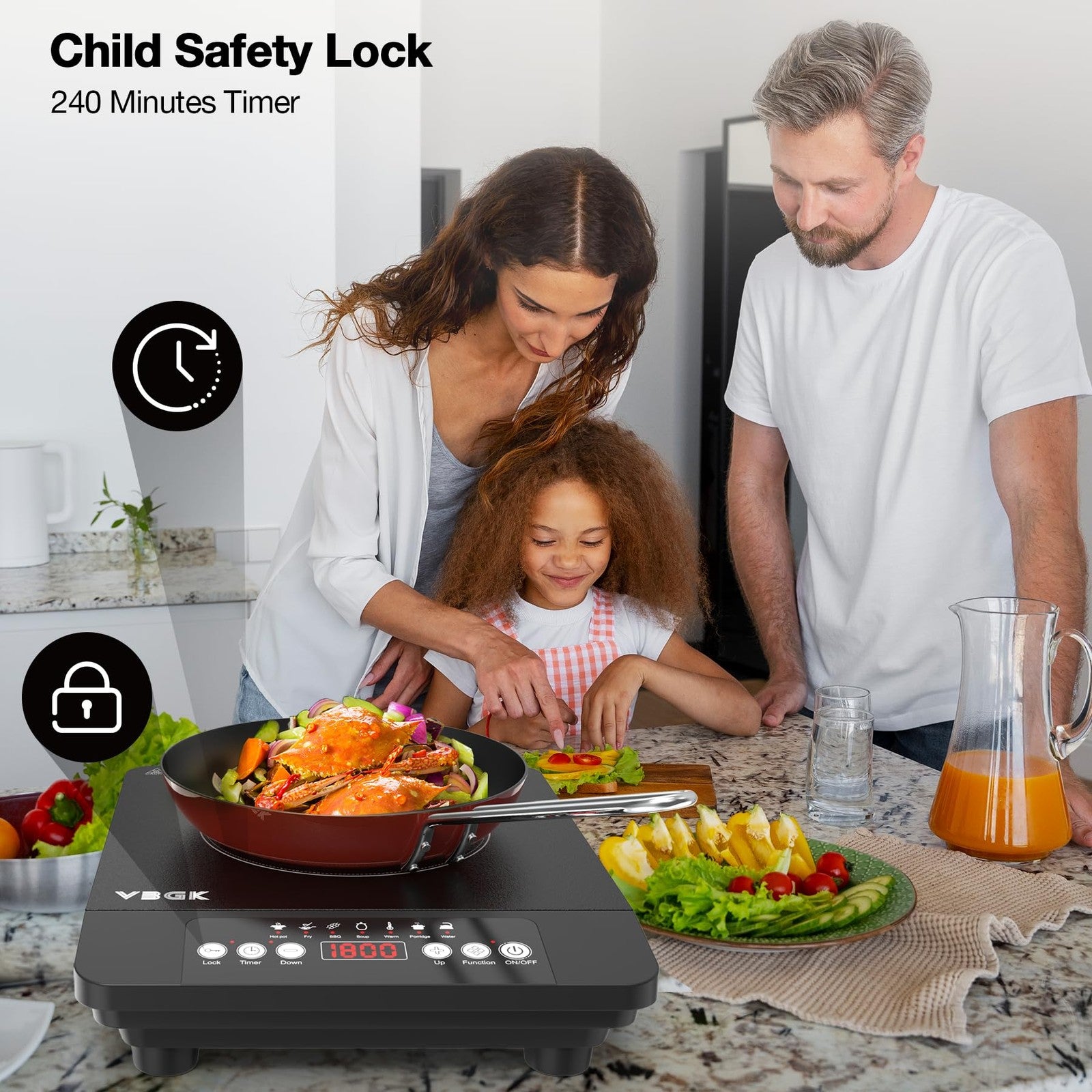 VBGK portable induction cooktop with single burner, 1800W, 110V electric stove top, black surface with control panel
