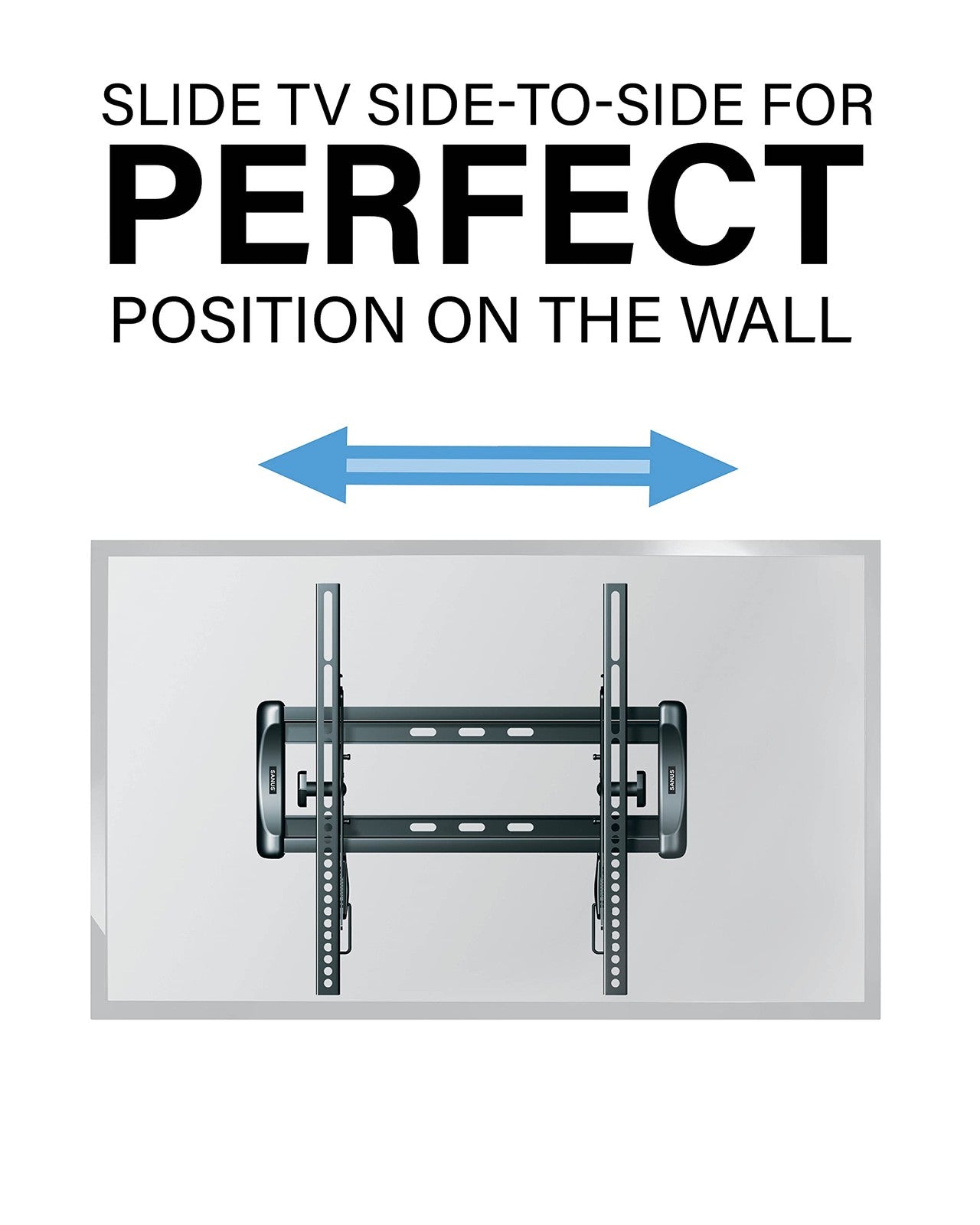 Sanus universal tilting TV wall mount for 32-55 inch TVs, shown installed on a wall with the TV tilted downward.