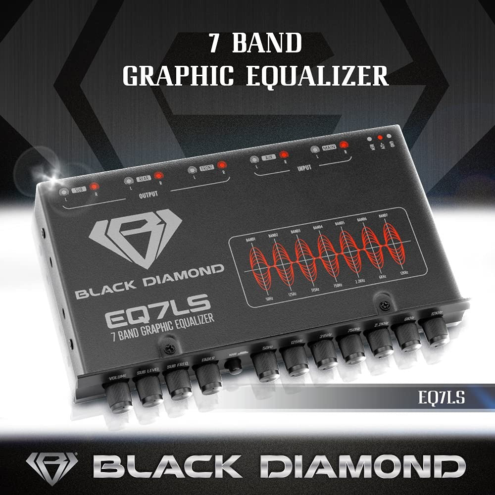Black Diamond EQ7LS 7-band stereo equalizer and crossover preamp for car audio, showing dials and controls on the device.
