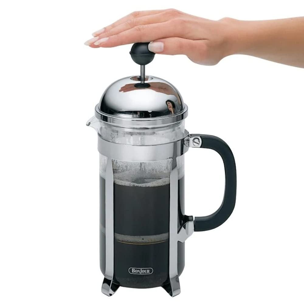 BonJour stainless steel and glass French press with 33.8-ounce capacity, featuring a sleek design and ergonomic handle.