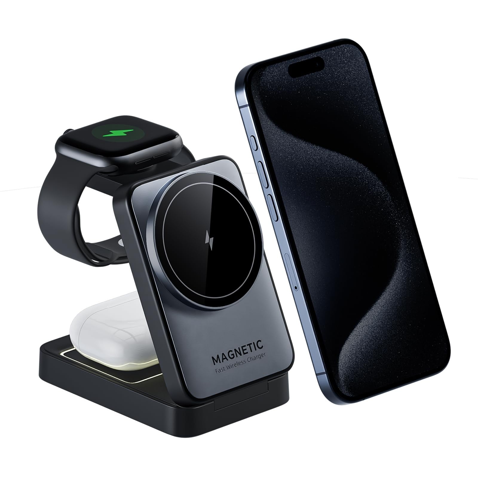 BODSEIEOU 2026 upgraded 3-in-1 wireless charger for iPhone with magnetic stand, compact travel design, and charging cables.