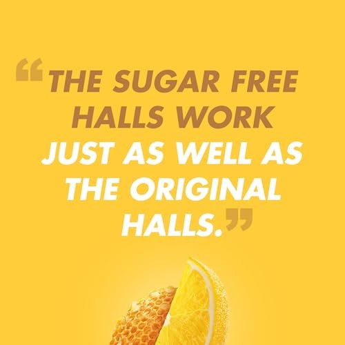 HALLS Relief Honey Lemon Sugar-Free Cough Drops in an economy pack with 12 boxes of 70 drops each, showing the packaging.