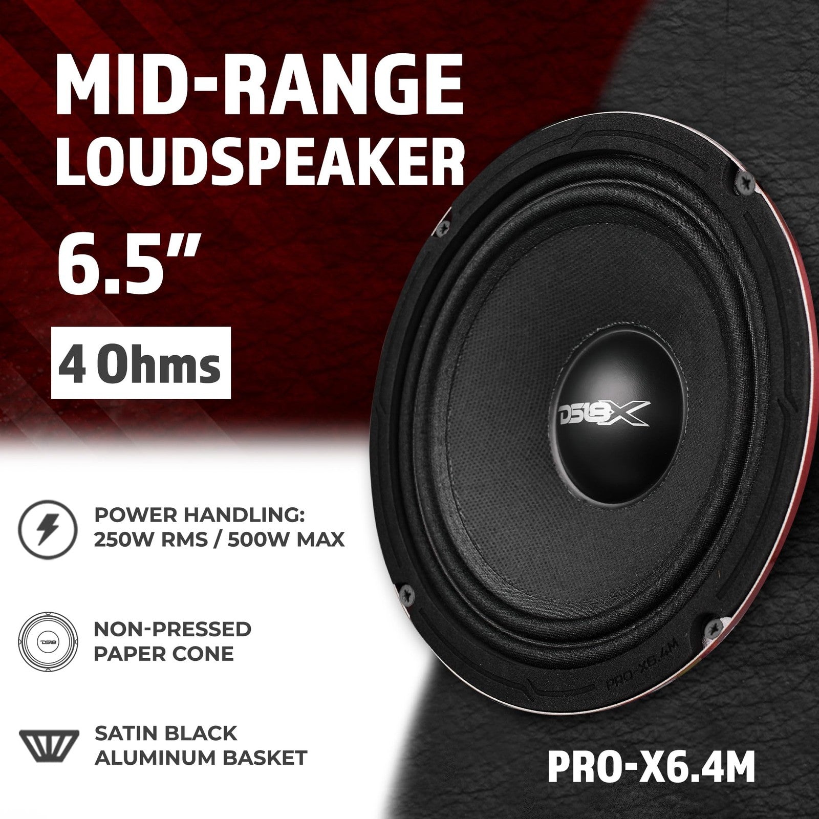 DS18 Pro-X6.4M loudspeaker with 6.5-inch red aluminum bullet midrange, 500W max power, 250W RMS audio driver