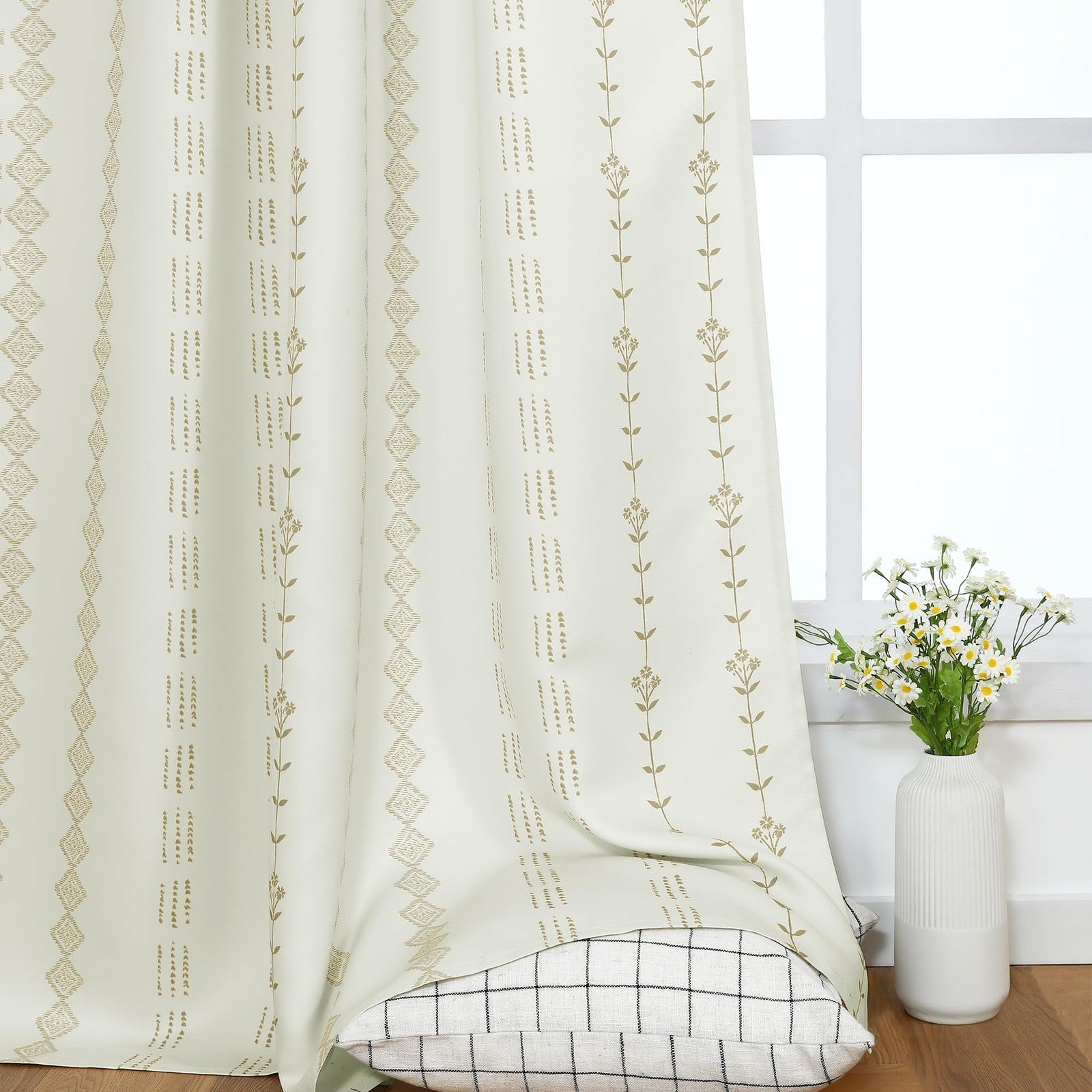Neutral beige farmhouse curtains by Lino Rosa, 84 inches long, tan color, 70% blackout fabric for living room window privacy.