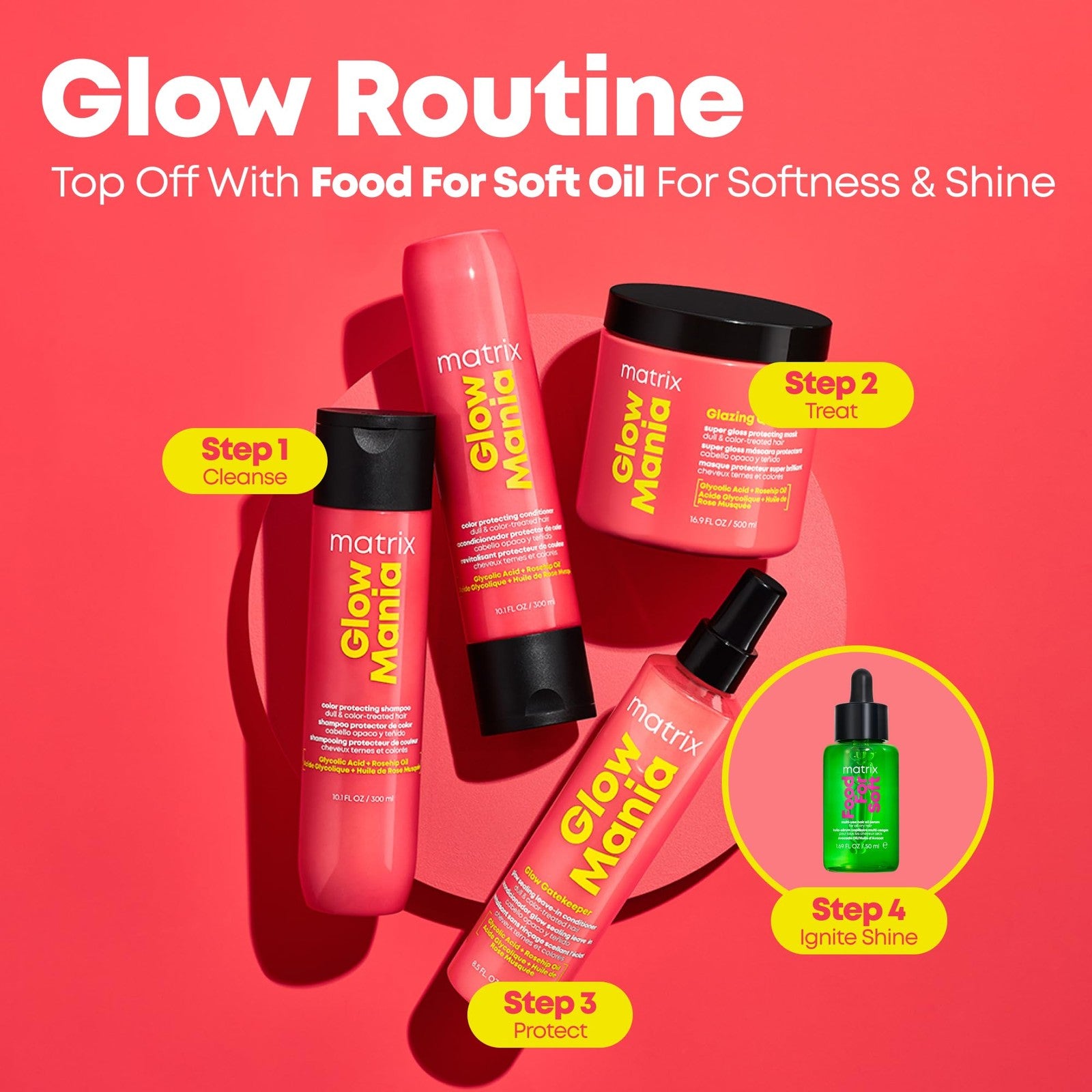 Matrix Glow Mania Super Gloss Protecting Mask with shine-enhancing formula, featuring a sleek jar with the product label visible.