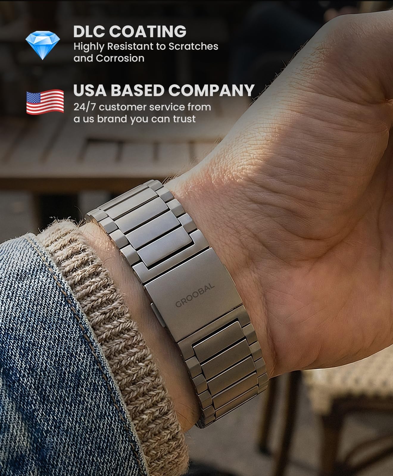 Titanium band for Apple Watch Ultra 3/2/1 49mm and Series 11/10 46mm, showing sleek unbranded watch strap on a smartwatch.