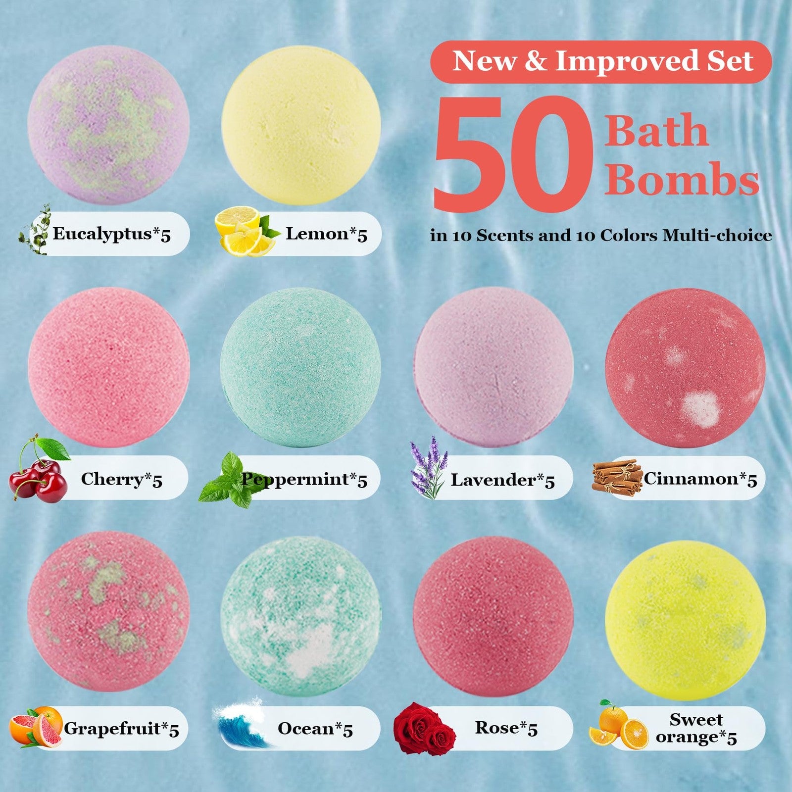 Set of 10 IvyWorkshop natural organic bath bombs for women, shown in a gift set with colorful bubble bath bombs.