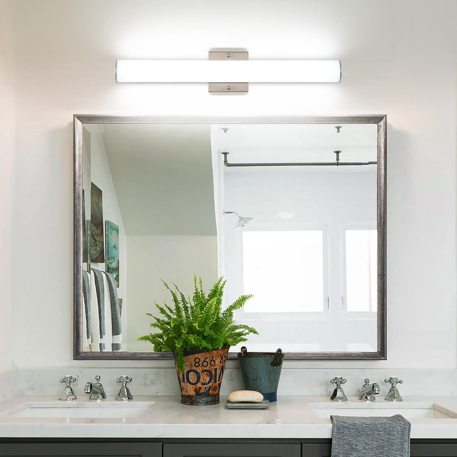 Bicrink brushed nickel 24-inch bathroom vanity light fixture with LED 24W bulb, modern LED bath lighting for bathroom decor.