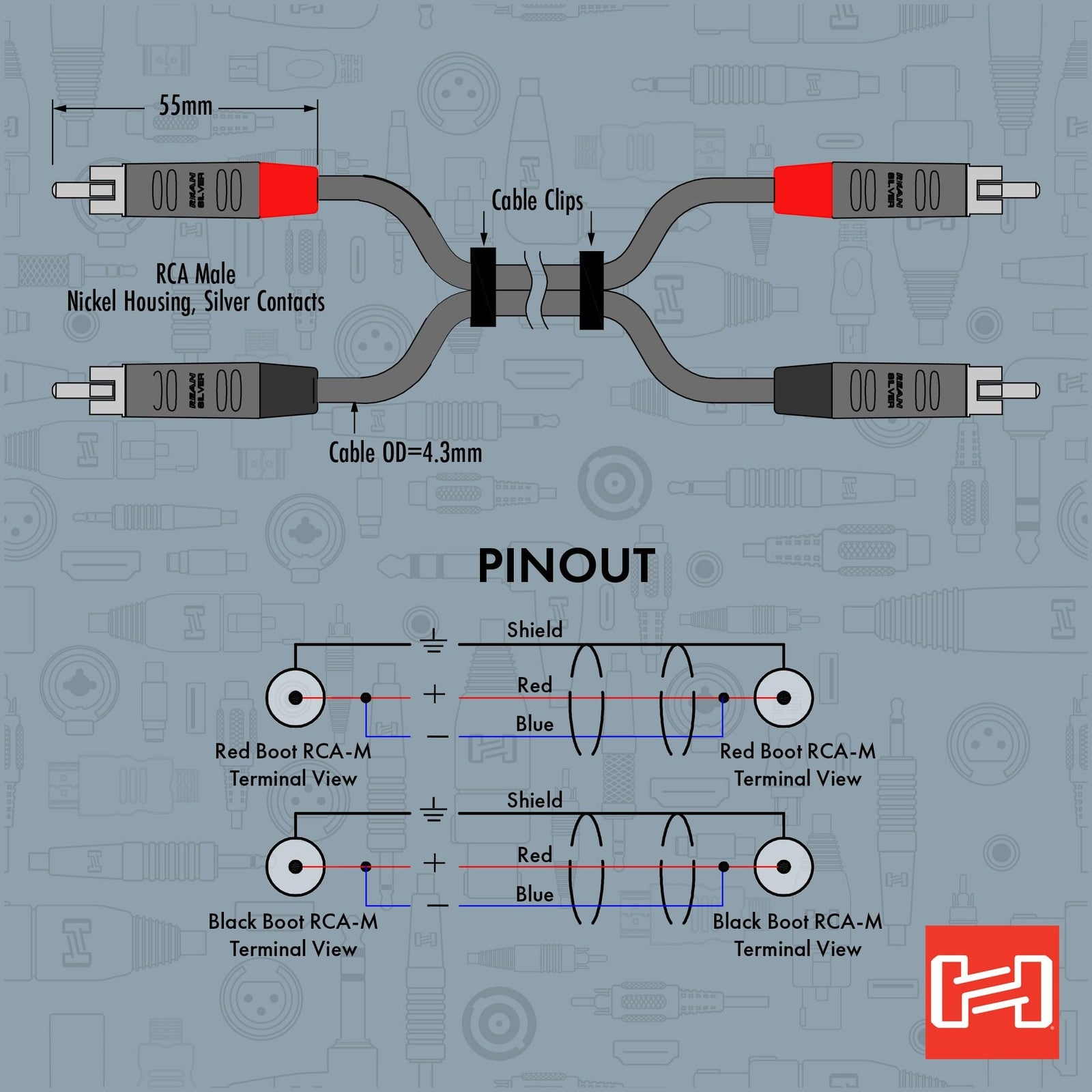 Hosa HRR-010X2 Pro stereo interconnect cable with dual REAN RCA connectors, 10 feet long, for high-quality audio connections.