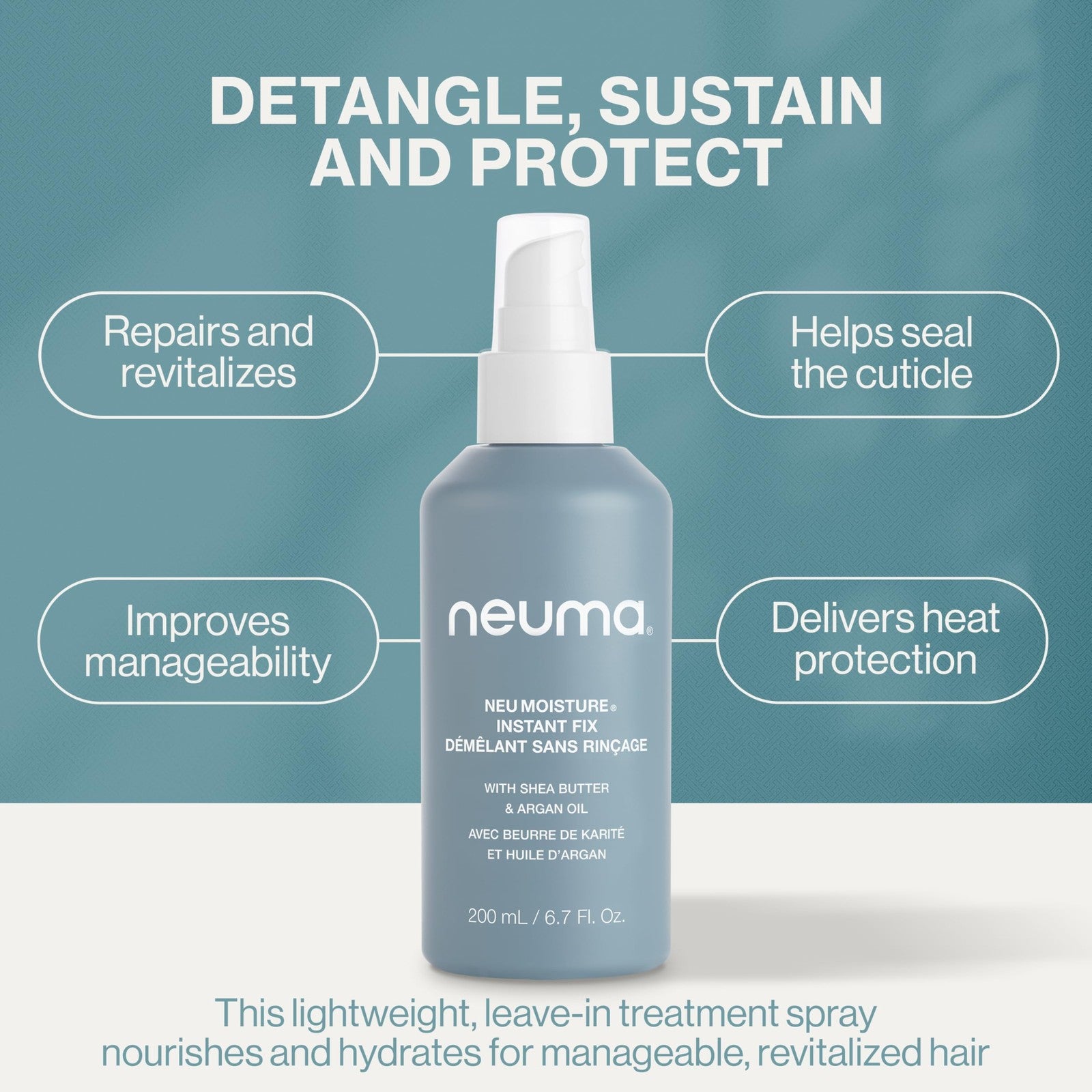 Neuma Neu Moisture Instant Fix leave-in hair treatment spray bottle, showing the product label and spray nozzle.