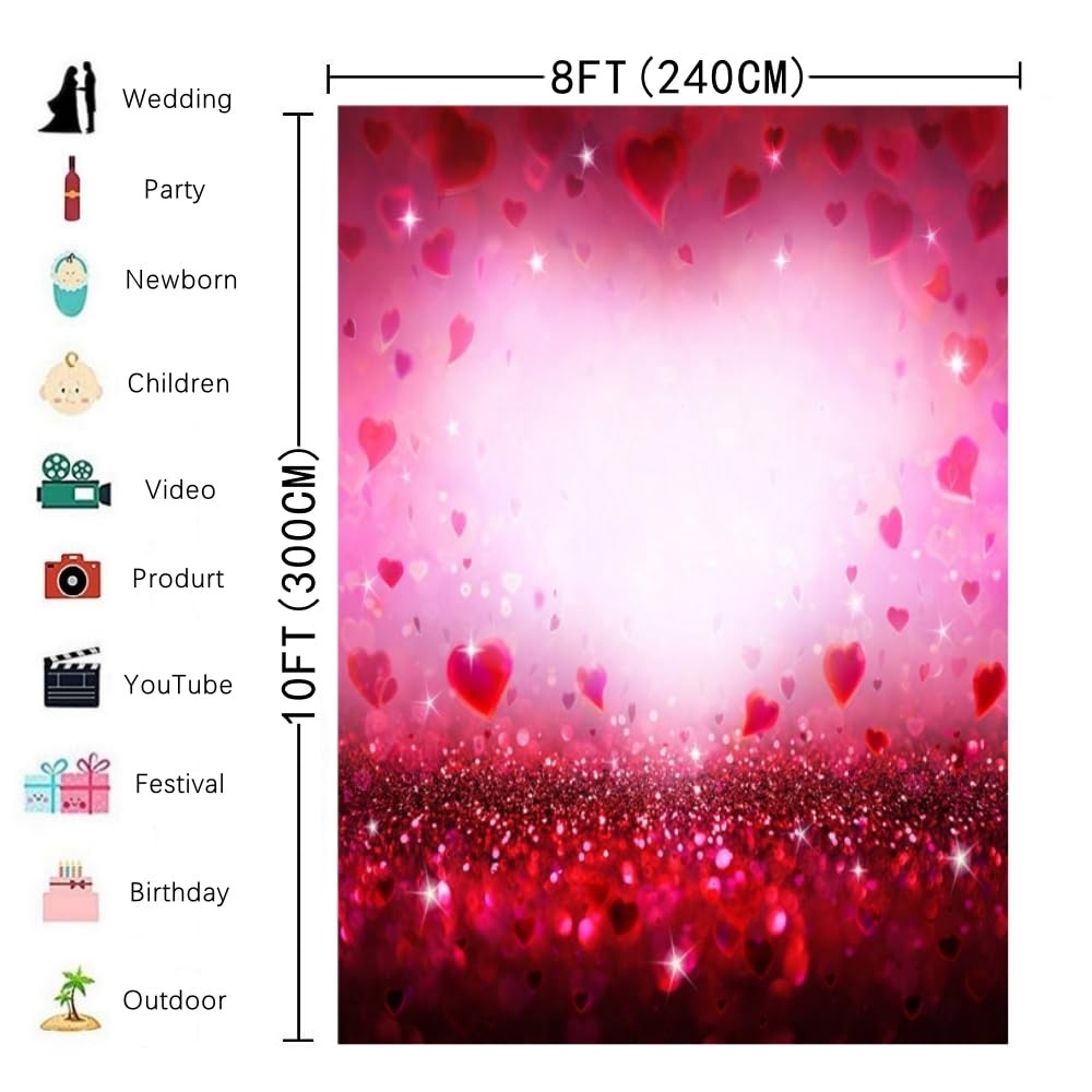 INRUI RUINI Valentine's photography backdrop with red hearts, love theme, shiny sparkling surface, perfect for romantic photoshoots.