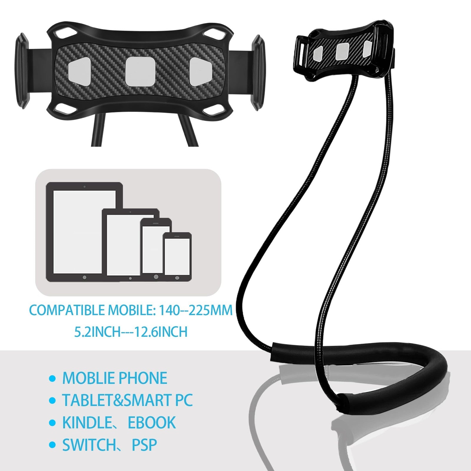 YUNLEJP lazy neck phone holder stand with flexible design, showing a person wearing the hands-free bed phone holder around their neck.