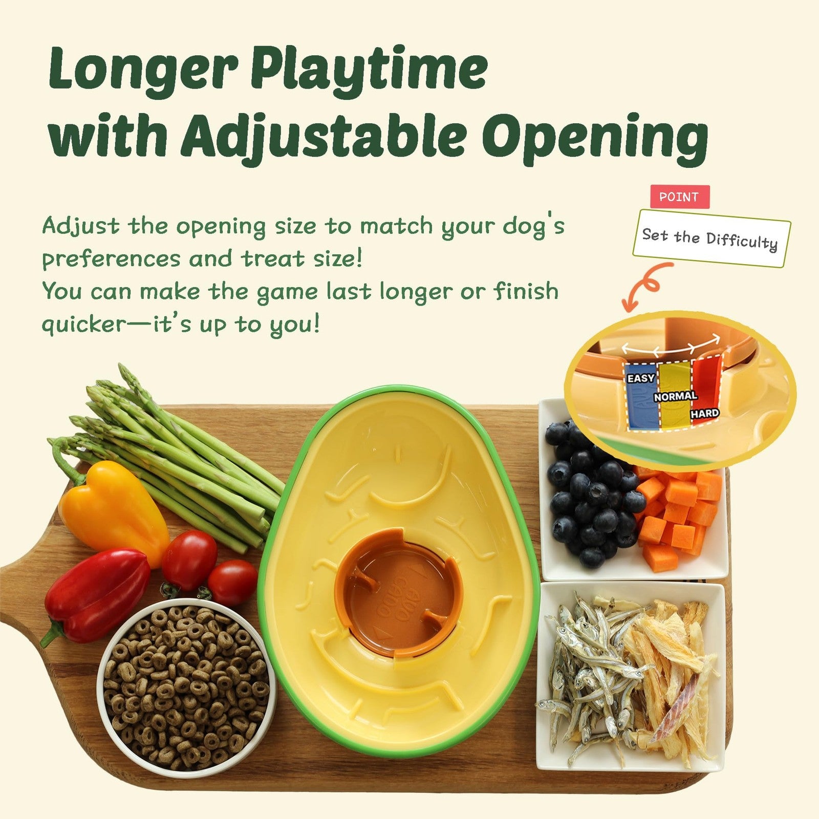 PAW QUEST Avocado non-spill treat dispensing wobble toy for dogs, featuring a green avocado shape with treat compartments.