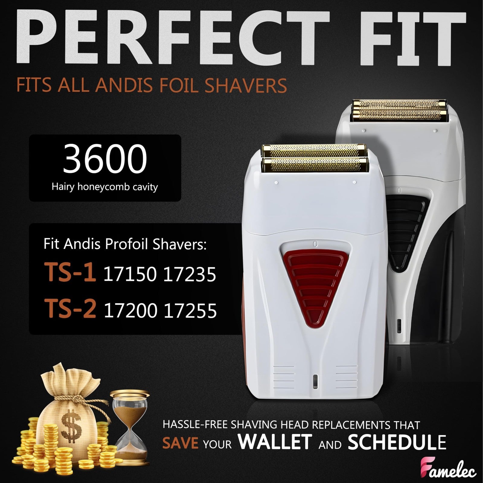 FAMELEC replacement shaver heads for Andis Pro-Foil and Lithium shavers, featuring super soft gold foil for a smooth shave