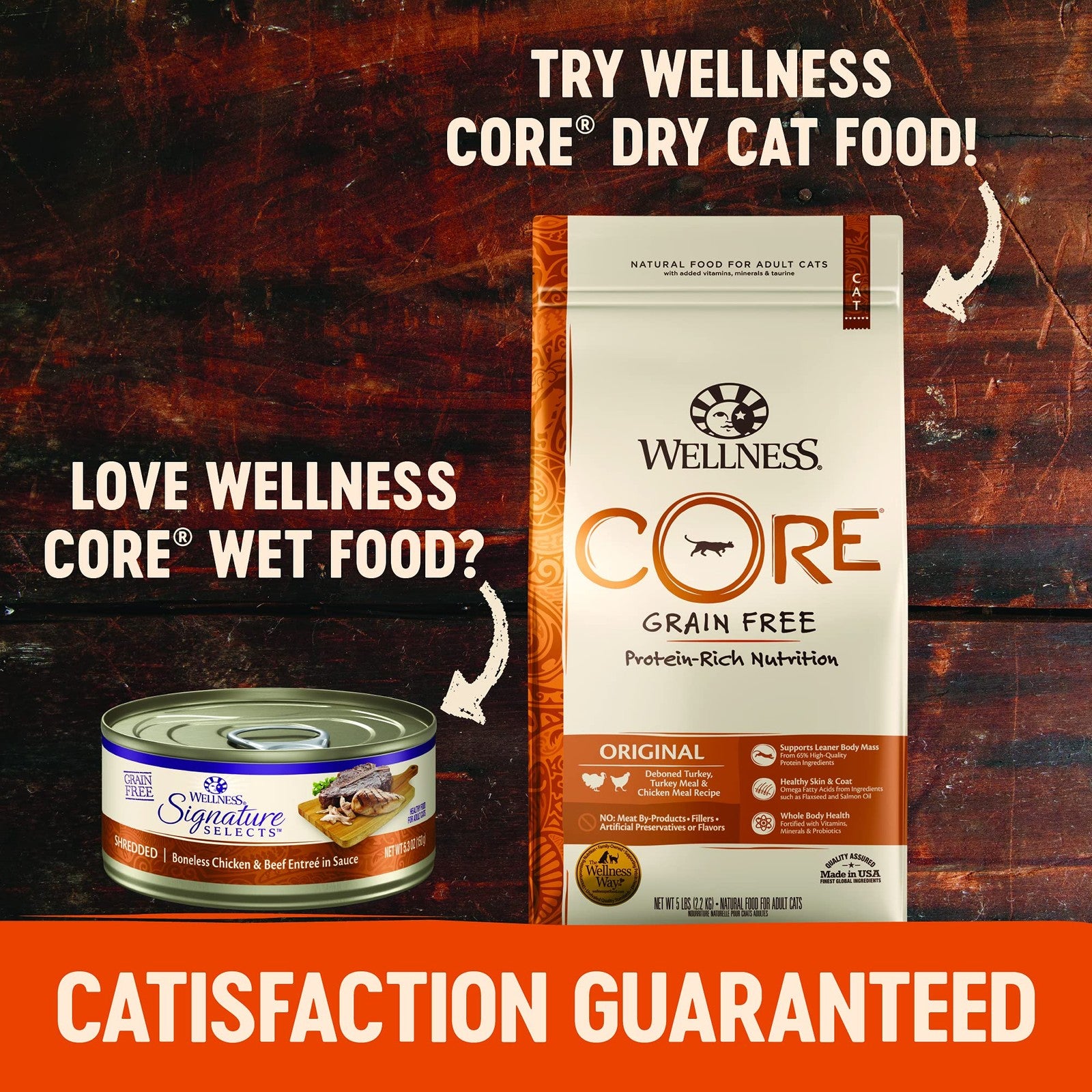Cans of Wellness CORE Signature Selects wet cat food with seafood and poultry flavors, showing colorful labels and open cans.