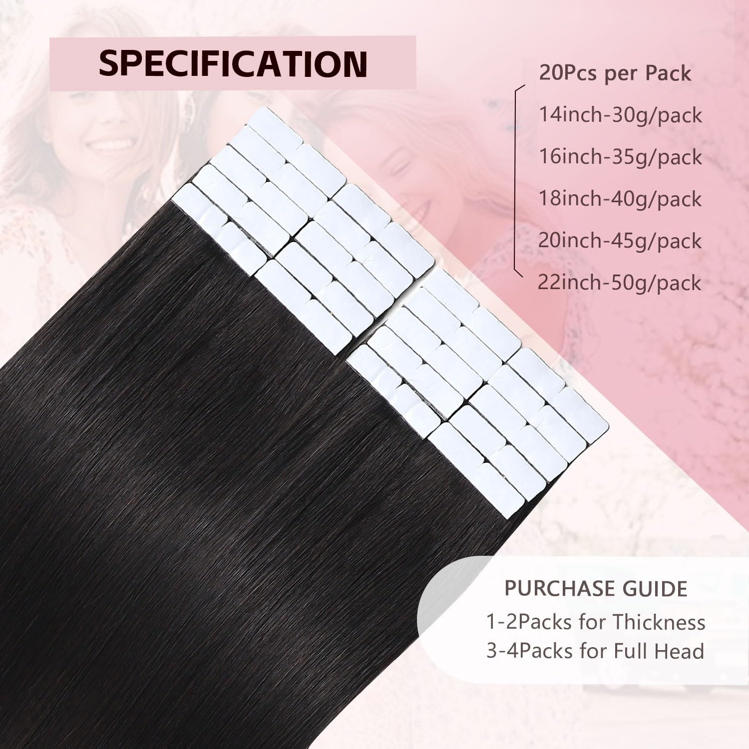 Sweetmet Injection Tape-in Hair Extensions in Pro3.01B Natural Black, showing sleek human hair tape-in extensions.