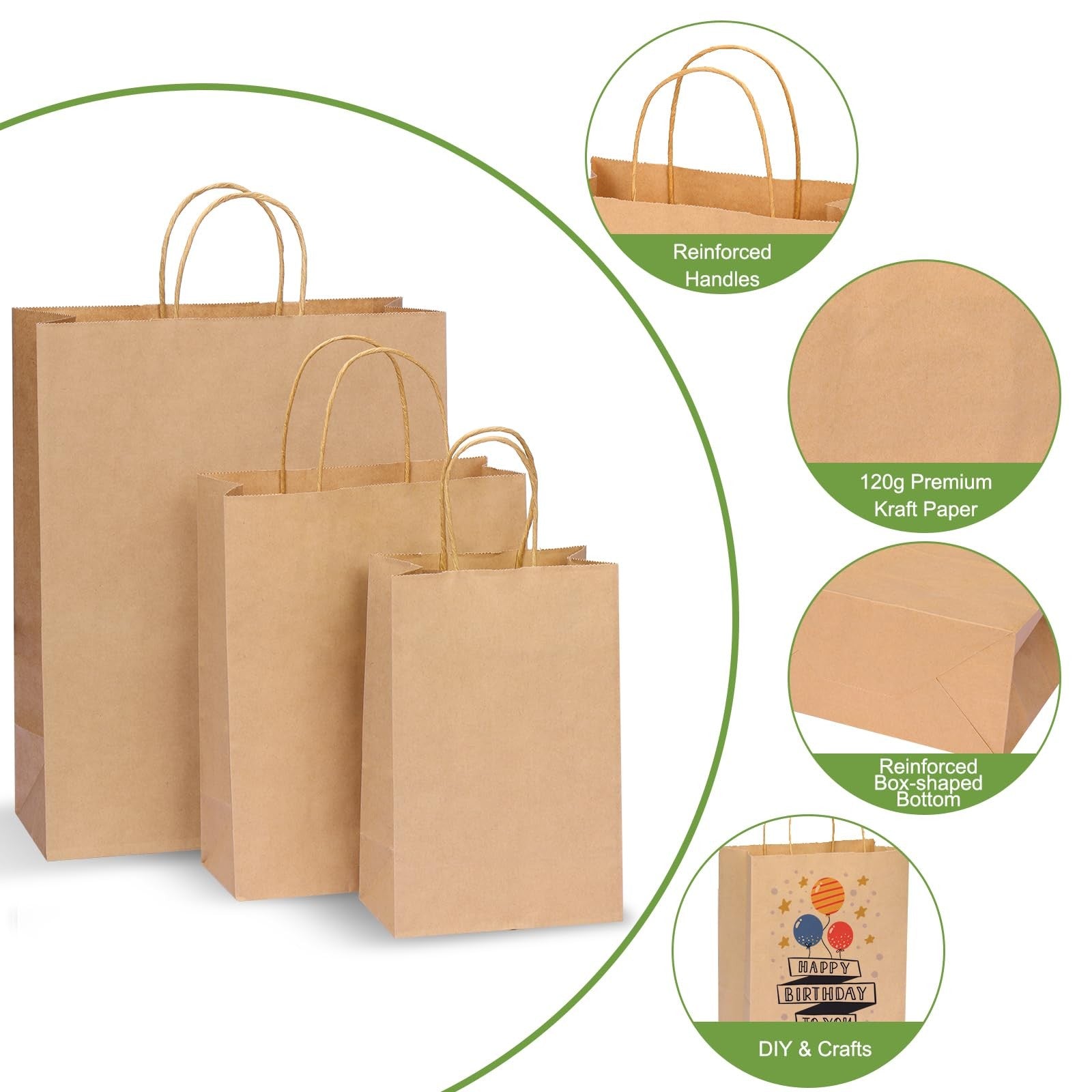 OUTUXED 150-pack of brown paper gift bags with handles in assorted sizes, made of kraft paper for gift packaging and shopping.